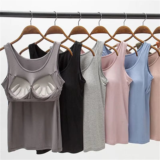 2023 Women's Slim Fit Built-In Bra Vest Tops - Stylish Solid Color Casual Tank Shirts