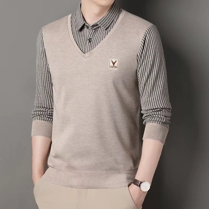 Stylish Men's Winter Polo Sweater - Slim Fit Luxury Knitwear with Faux Layered Design