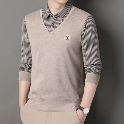 Stylish Men's Winter Polo Sweater - Slim Fit Luxury Knitwear with Faux Layered Design