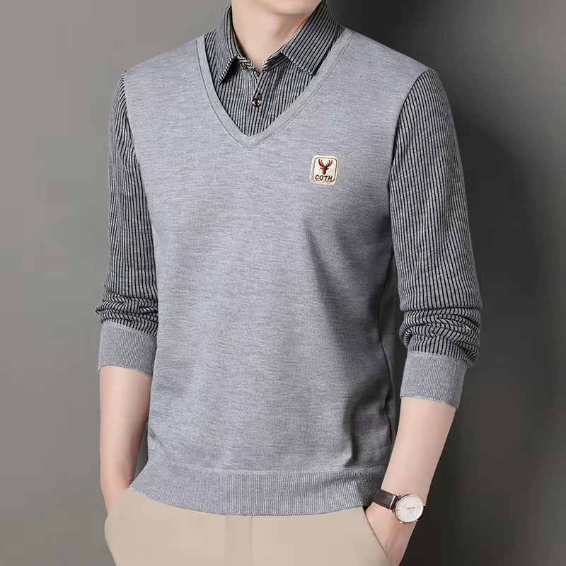 Stylish Men's Winter Polo Sweater - Slim Fit Luxury Knitwear with Faux Layered Design