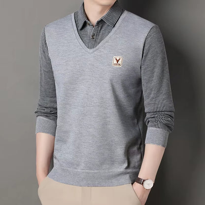 Stylish Men's Winter Polo Sweater - Slim Fit Luxury Knitwear with Faux Layered Design