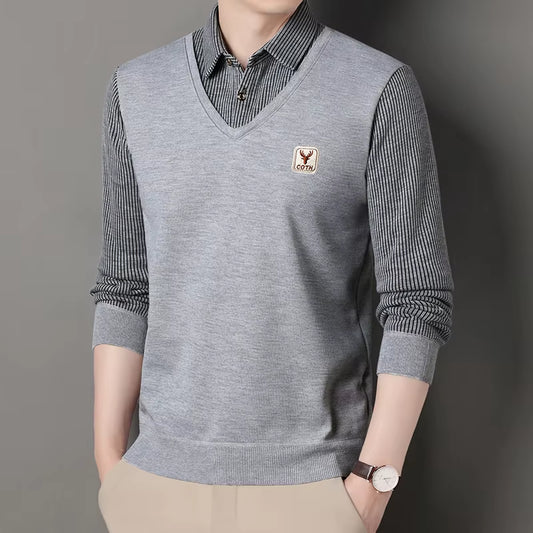Stylish Men's Winter Polo Sweater - Slim Fit Luxury Knitwear with Faux Layered Design