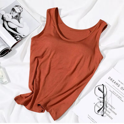 2023 Women's Slim Fit Built-In Bra Vest Tops - Stylish Solid Color Casual Tank Shirts