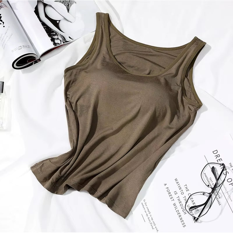 2023 Women's Slim Fit Built-In Bra Vest Tops - Stylish Solid Color Casual Tank Shirts