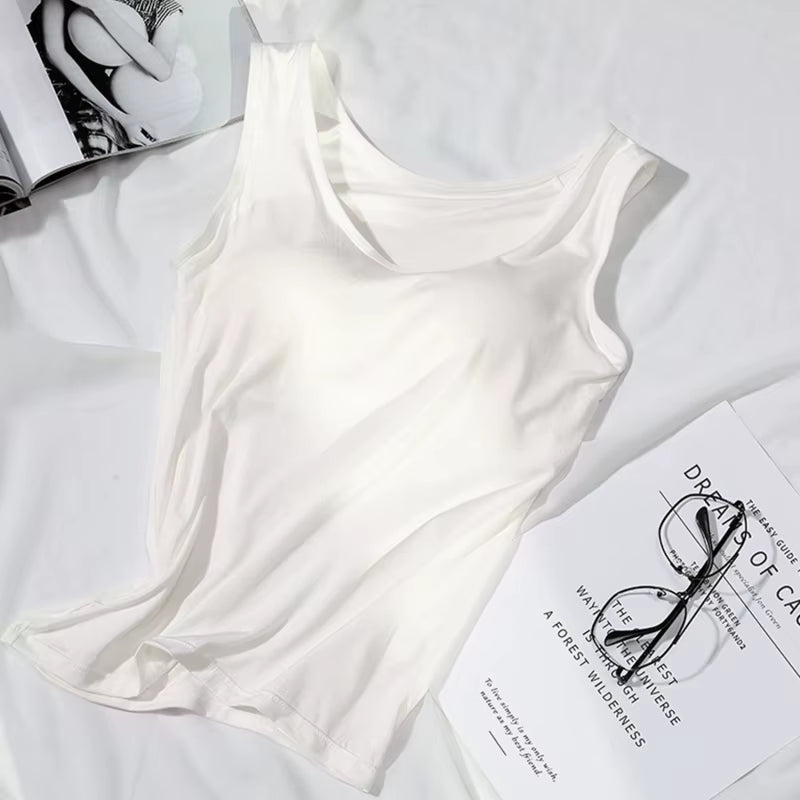 2023 Women's Slim Fit Built-In Bra Vest Tops - Stylish Solid Color Casual Tank Shirts