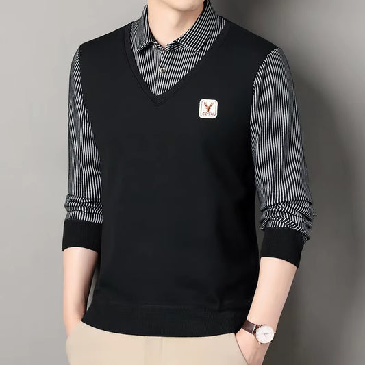 Stylish Men's Winter Polo Sweater - Slim Fit Luxury Knitwear with Faux Layered Design