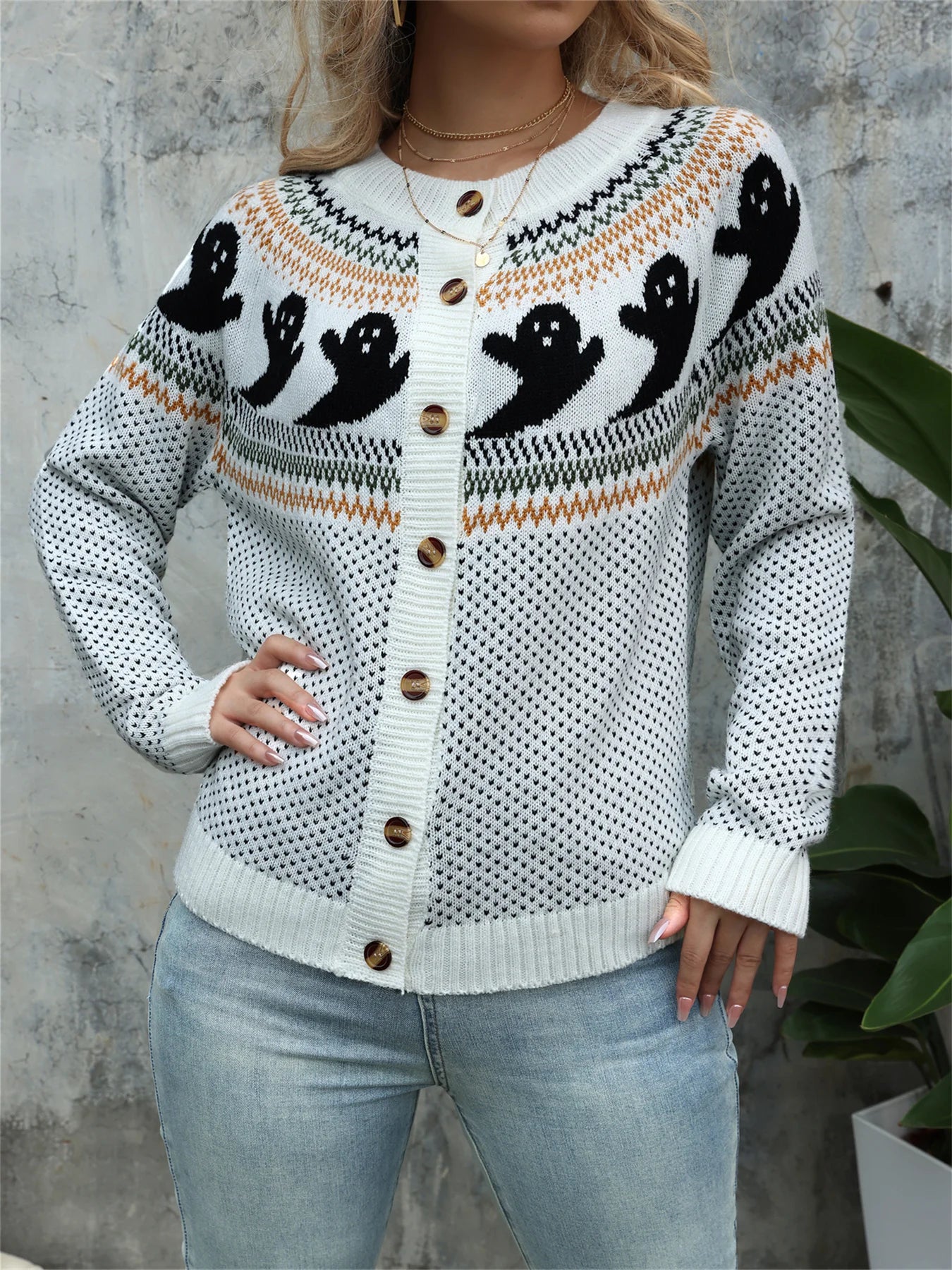 Spooktacular Vintage Ghost Pattern Long Sleeve Cardigan - Retro Women’s Sweater Perfect for Halloween!
