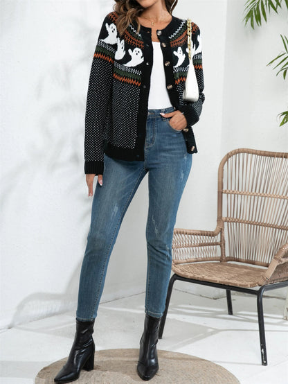 Spooktacular Vintage Ghost Pattern Long Sleeve Cardigan - Retro Women’s Sweater Perfect for Halloween!
