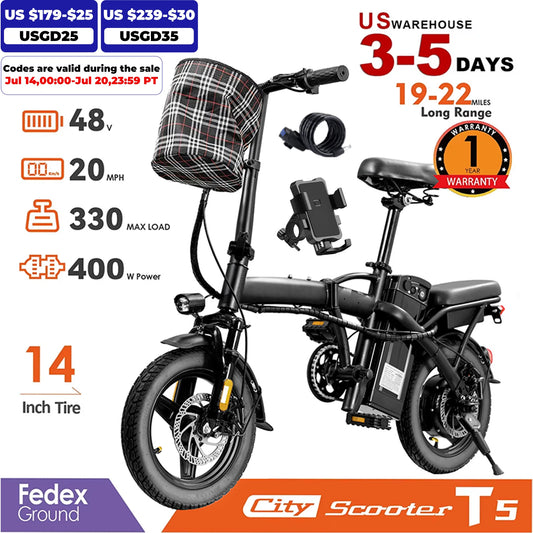 Folding Electric Bike 14Inch - 48V 400W, Lightweight Carbon Steel Frame with Basket for Adults