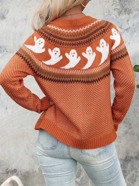 Spooktacular Vintage Ghost Pattern Long Sleeve Cardigan - Retro Women’s Sweater Perfect for Halloween!