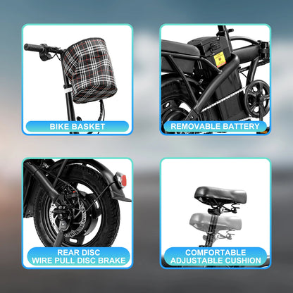 Folding Electric Bike 14Inch - 48V 400W, Lightweight Carbon Steel Frame with Basket for Adults