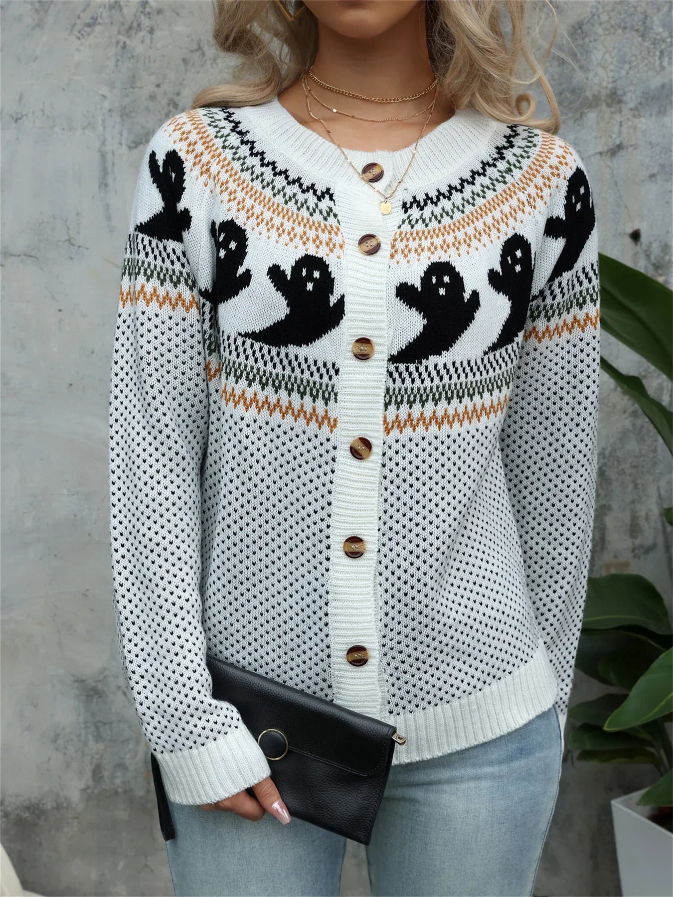 Spooktacular Vintage Ghost Pattern Long Sleeve Cardigan - Retro Women’s Sweater Perfect for Halloween!