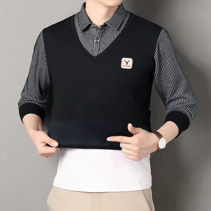 Stylish Men's Winter Polo Sweater - Slim Fit Luxury Knitwear with Faux Layered Design