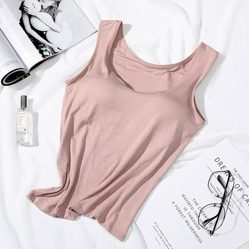 2023 Women's Slim Fit Built-In Bra Vest Tops - Stylish Solid Color Casual Tank Shirts