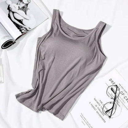 2023 Women's Slim Fit Built-In Bra Vest Tops - Stylish Solid Color Casual Tank Shirts