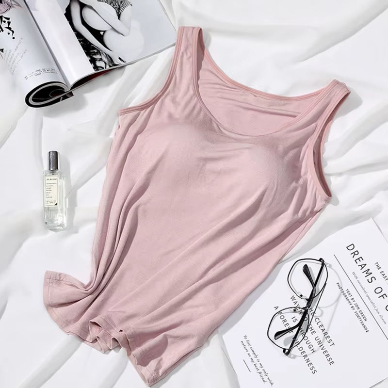 2023 Women's Slim Fit Built-In Bra Vest Tops - Stylish Solid Color Casual Tank Shirts