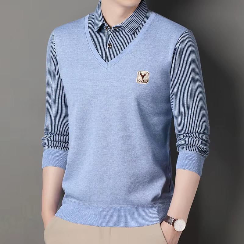 Stylish Men's Winter Polo Sweater - Slim Fit Luxury Knitwear with Faux Layered Design