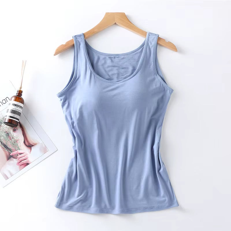 2023 Women's Slim Fit Built-In Bra Vest Tops - Stylish Solid Color Casual Tank Shirts
